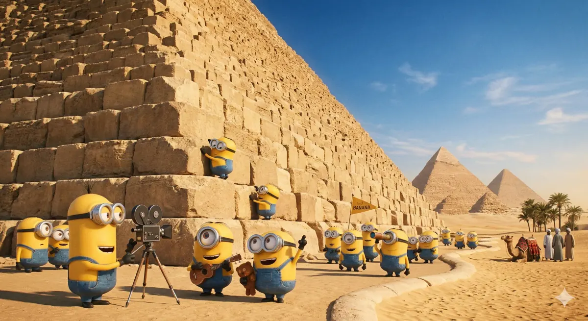 Minions exploring landmarks at the pyramids
